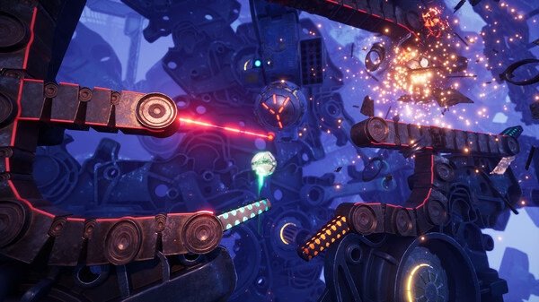 Screenshot from Split Fiction showing a complex, futuristic mechanical environment with glowing lights and intricate machinery.