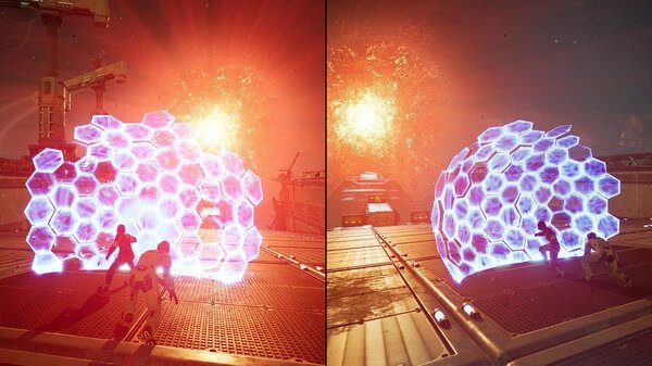Screenshot from Split Fiction showing two players battling with glowing hexagonal shields in a futuristic setting.