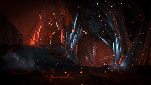 Screenshot from ARK: Survival Evolved showing a fiery cave with glowing crystals and embers scattered throughout.