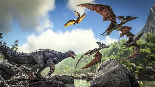 Screenshot from ARK: Survival Evolved showing a dinosaur and flying pterosaurs against a lush landscape.
