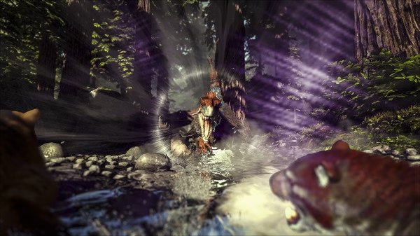 Screenshot from ARK: Survival Evolved shows a dinosaur charging through a dense forest with sunlight filtering through the trees.