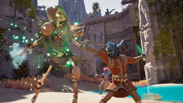 A skeleton warrior battles a blue-skinned fighter by a turquoise pool in this action-packed "Avowed" screenshot.
