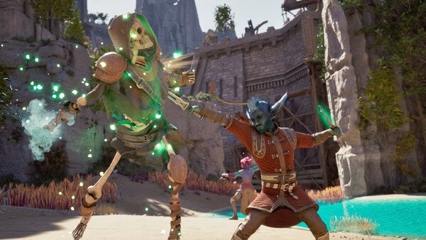 A skeleton warrior battles a blue-skinned fighter by a turquoise pool in this action-packed "Avowed" screenshot.