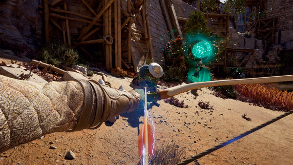 Screenshot from Avowed showing a mystical bow aiming at a glowing green orb in a stone and wood structure environment.