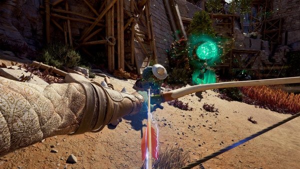 Screenshot from Avowed showing a mystical bow aiming at a glowing green orb in a stone and wood structure environment.