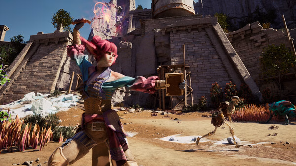A screenshot from Avowed showing a character casting a spell toward a skeleton enemy in a vibrant outdoor stone ruin setting.