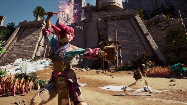 A screenshot from Avowed showing a character casting a spell toward a skeleton enemy in a vibrant outdoor stone ruin setting.