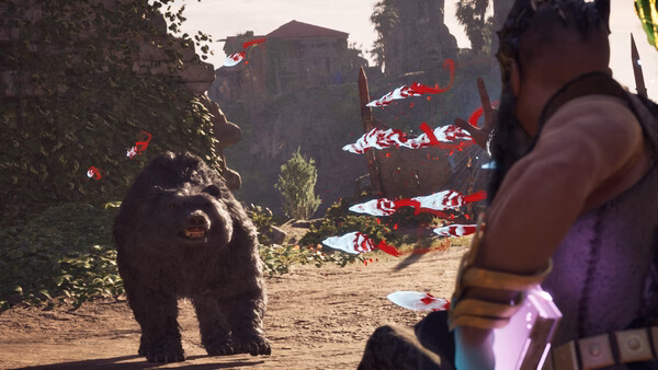 Avowed screenshot: A character faces a charging bear, holding a magical weapon. Red energy swirls in the air amidst ancient ruins.