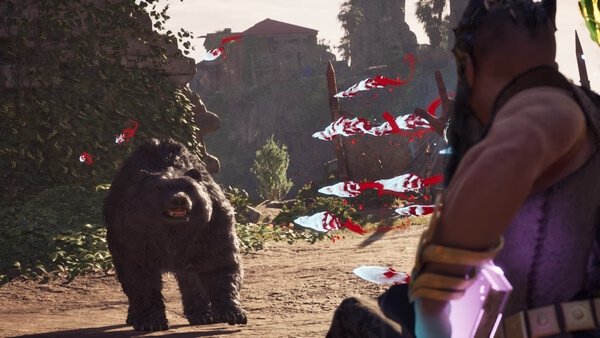 Avowed screenshot: A character faces a charging bear, holding a magical weapon. Red energy swirls in the air amidst ancient ruins.