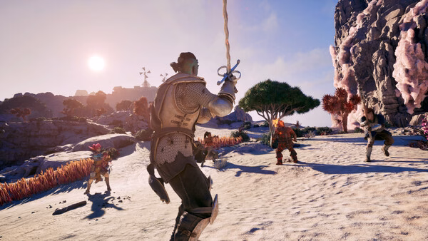 Screenshot from Avowed: A warrior wielding a sword faces multiple enemies in a vibrant, scenic landscape with colorful vegetation.
