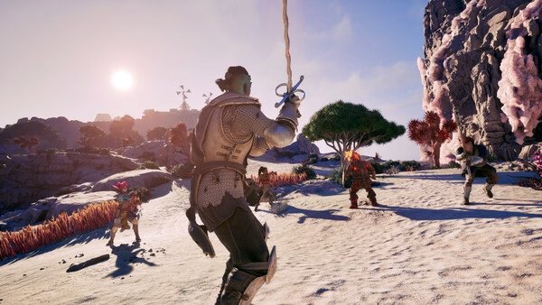 Screenshot from Avowed: A warrior wielding a sword faces multiple enemies in a vibrant, scenic landscape with colorful vegetation.