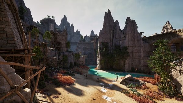 Screenshot of Avowed showing a serene landscape with rocky cliffs, a turquoise river, and a lone character walking along the shore.