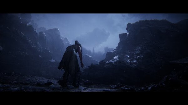 Hellblade II: Senua’s Saga screenshot. Senua traverses a rocky, dark landscape under a cloudy sky, showcasing intense atmosphere.