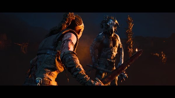 Screenshot from Hellblade II: Senua’s Saga showing a tense battle scene between Senua and a warrior under a dark, dramatic sky.