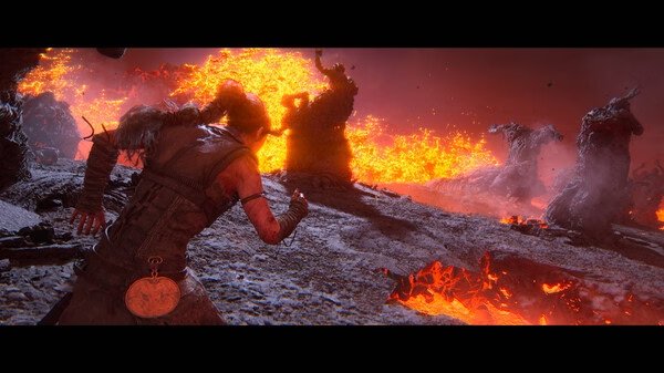 Screenshot from Hellblade II: Senua’s Saga showing Senua facing fiery, demon-like creatures in a burning landscape.