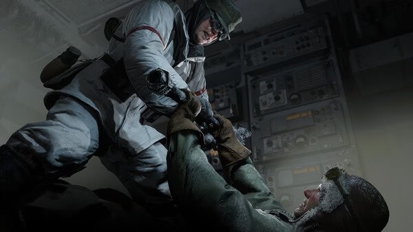 Indiana Jones and the Great Circle screenshot: Two characters struggle in a dimly lit control room filled with electronic equipment.