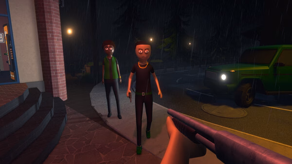 Screenshot from 'Schedule I' showing two characters approaching in the rain near a brick building, with a green truck in the background.