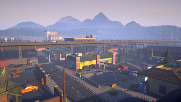 Screenshot from Schedule I game shows a detailed cityscape with parked cars, buildings, and distant mountains under a clear sky.
