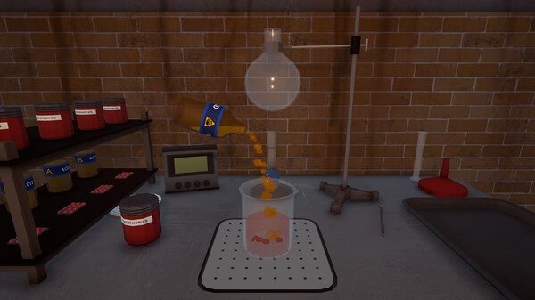 Screenshot from Schedule I: A laboratory scene features a flask pouring liquid into a beaker on a lab table.