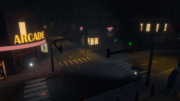 Screenshot of 'Schedule I' game showing a rainy nighttime street scene with an arcade and streetlights glowing.