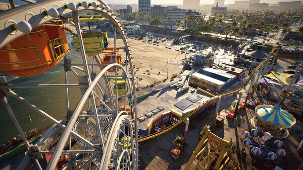 Screenshot of inZOI showing a vibrant beachside amusement park with a ferris wheel, colorful stalls, and a roller coaster.