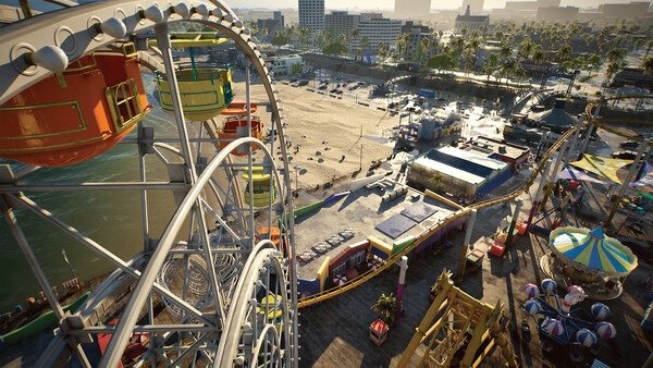 Screenshot of inZOI showing a vibrant beachside amusement park with a ferris wheel, colorful stalls, and a roller coaster.