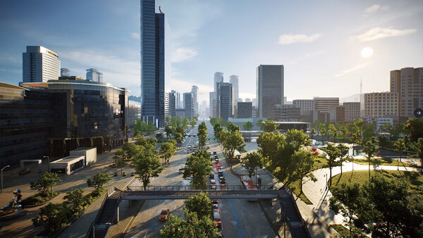 Screenshot from inZOI game showing a bustling cityscape with tall buildings, busy roads, and lush greenery under a bright sky.