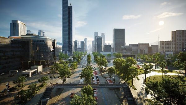 Screenshot from inZOI game showing a bustling cityscape with tall buildings, busy roads, and lush greenery under a bright sky.