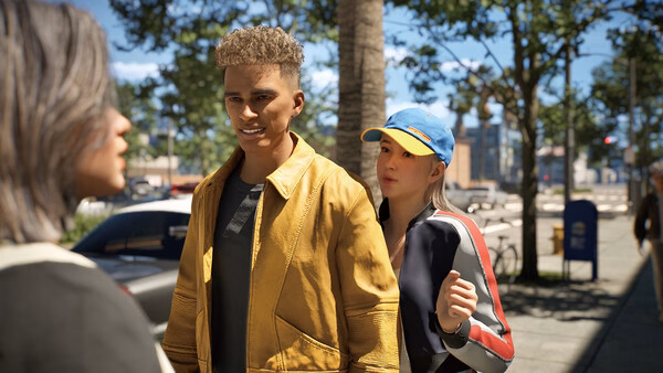 Screenshot from inZOI showing three characters standing outdoors on a sunny day, with trees and parked cars in the background.