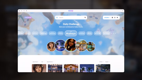 Screenshot of inZOI game interface displaying a Daily Challenge with various user photos and a cloudy sky with cat faces.