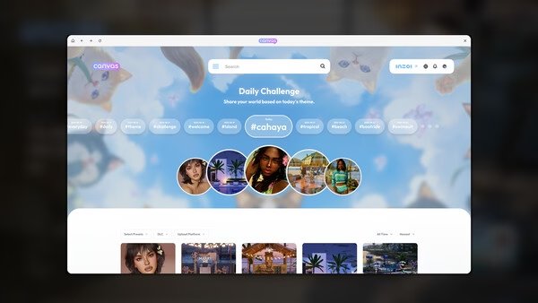 Screenshot of inZOI game interface displaying a Daily Challenge with various user photos and a cloudy sky with cat faces.