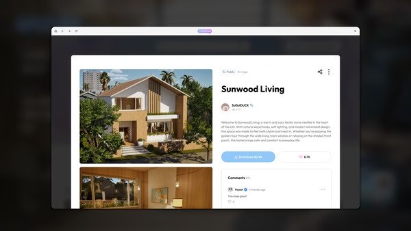 Screenshot of inZOI game showing a Sunwood Living property listing with images, description, and download options on the interface.