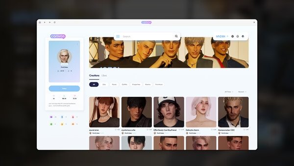 Screenshot of inZOI game interface showing user profile page, with avatars in the header and a grid of character portraits below.