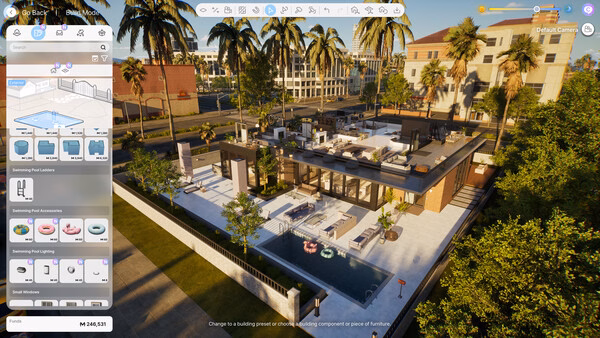 Screenshot from inZOI game featuring a modern house with a pool, surrounded by palm trees; user interface visible.