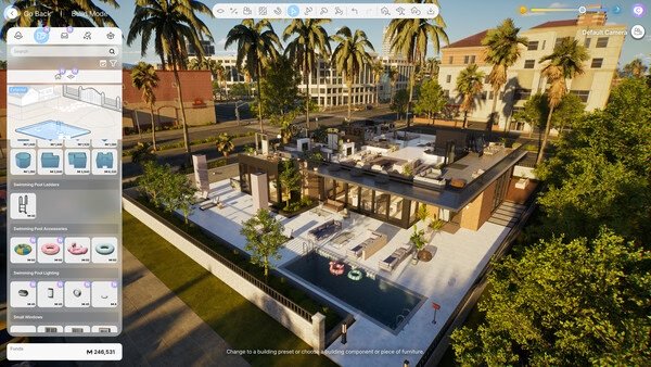 Screenshot from inZOI game featuring a modern house with a pool, surrounded by palm trees; user interface visible.