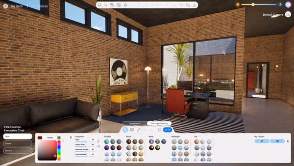 Screenshot from inZOI showing a modern office with brick walls, a red chair, and a desk. Customization options are visible below.