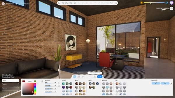 Screenshot from inZOI showing a modern office with brick walls, a red chair, and a desk. Customization options are visible below.