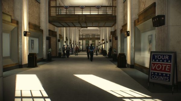 PAYDAY 2 screenshot showing a large, well-lit bank lobby with marble walls, election-themed decor, and several people visible.
