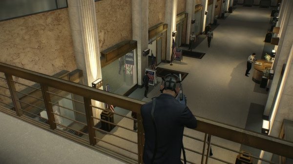 PAYDAY 2 screenshot: A masked character aims a rifle from a balcony in a bank lobby as guards patrol below.