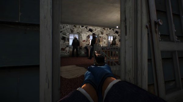 A PAYDAY 2 screenshot showing a player aiming a pistol at seated NPCs in a room covered with newspaper clippings.