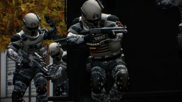 SWAT team members in tactical gear take cover during a heist in a PAYDAY 2 screenshot.