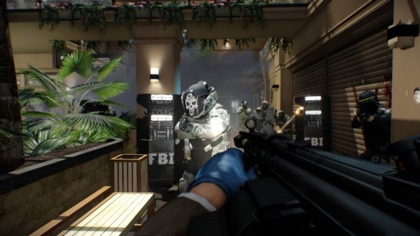 Screenshot from PAYDAY 2 showing armed players in a shootout with FBI agents in an urban courtyard setting.