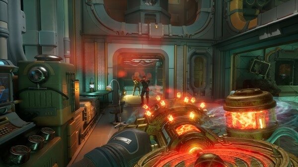 Screenshot from The Outer Worlds 2 showing a futuristic lab with glowing machinery and two figures in the background.