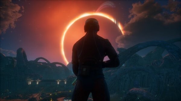 Screenshot from The Outer Worlds 2 showing a silhouetted character gazing at a glowing celestial phenomenon in an alien landscape.