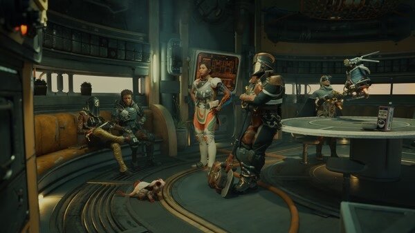 Screenshot from The Outer Worlds 2 showing a group of characters in futuristic armor gathered inside a spaceship.