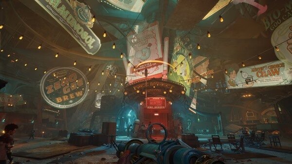 Screenshot from The Outer Worlds 2 showing a bustling market scene with colorful signs, lights, and various characters engaging in activities.