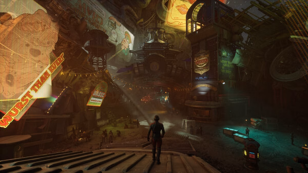 Screenshot from The Outer Worlds 2 showing a character standing in a vibrant, bustling market with neon signs and various shops.