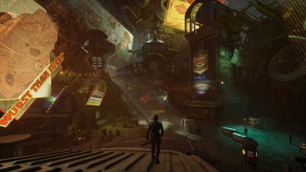 Screenshot from The Outer Worlds 2 showing a character standing in a vibrant, bustling market with neon signs and various shops.