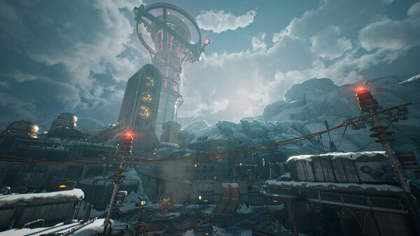 Screenshot from The Outer Worlds 2 showing a futuristic snowy landscape with a towering structure and cloudy sky.