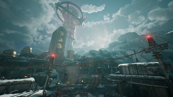Screenshot from The Outer Worlds 2 showing a futuristic snowy landscape with a towering structure and cloudy sky.